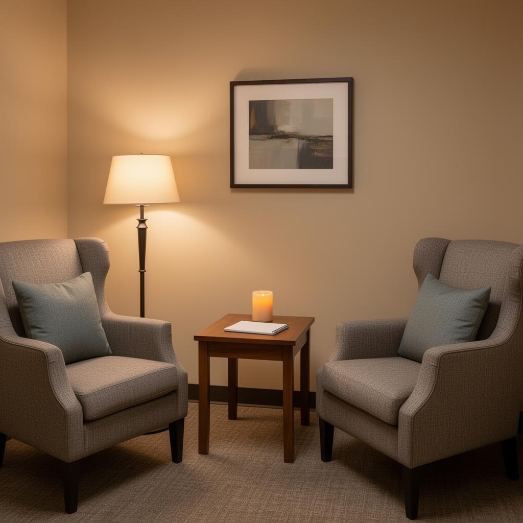 Private consultation room with two armchairs and warm lighting