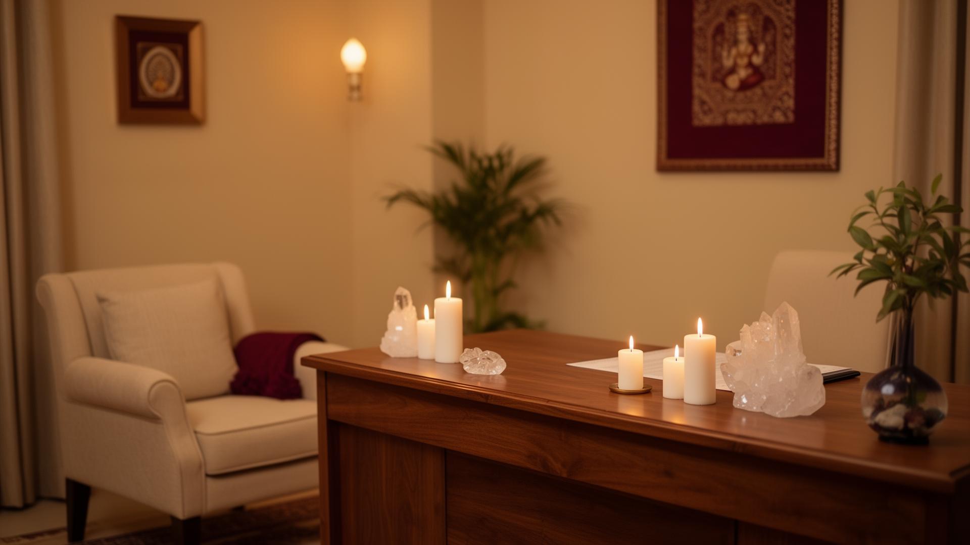 Peaceful spiritual consultation office with candles and crystals